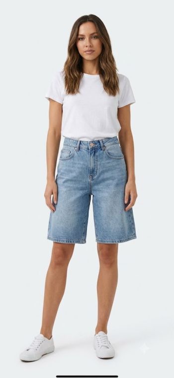 High-Waist Denim Bermuda